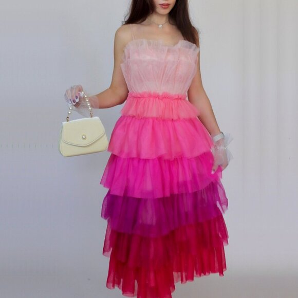 Tulle Tiered Midi Strap Ombre Pink Dress - Picture 1 of 6